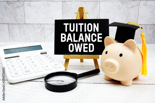 Canvas Print Tuition Balance Owed text with mortarboard, piggy bank, calculator, magnifying g