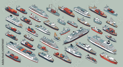 Large isometric collection of various commercial vessels including container ships and cruise liners for maritime transport.