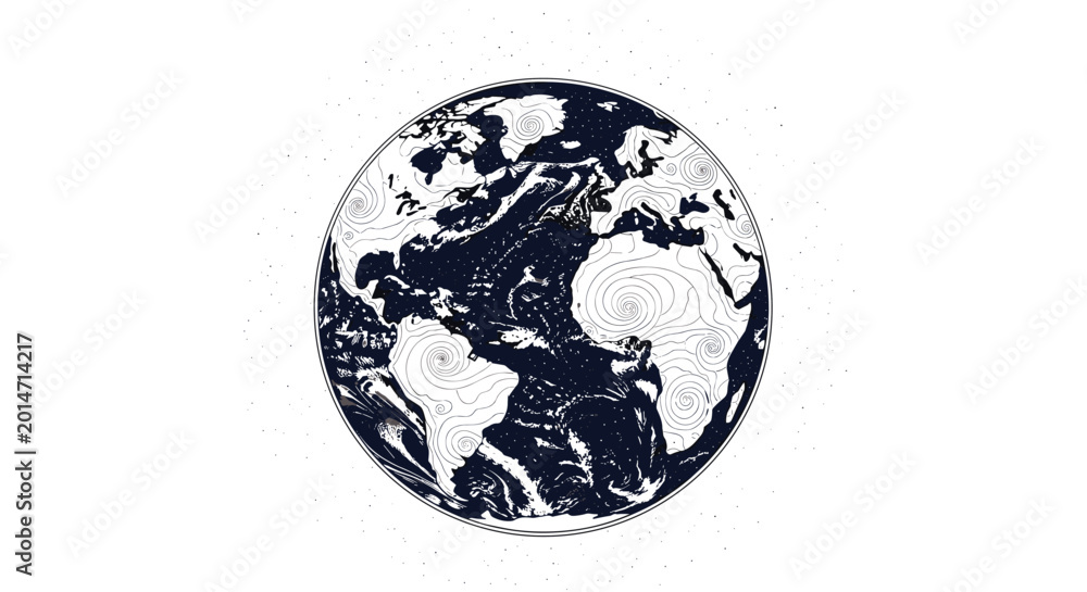 Obraz premium Creative black and white stylized illustration of planet Earth showing continents and oceans with artistic swirling line details.