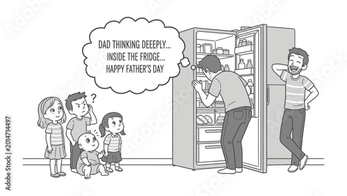Foto Father's Day Fridge Reflection: A heartfelt scene unfolds as a father contemplates the contents of a refrigerator, his thoughts of father's day, while his children look on