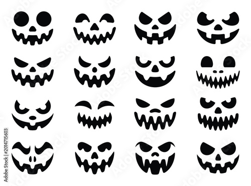 Bild auf Leinwand Collection of 16 Black and White Halloween Pumpkin Faces