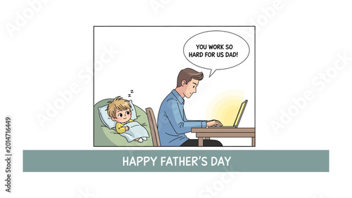 Fotografia Father's Day Dedication: A tender illustration depicts a dedicated father working diligently on his laptop