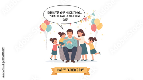 Canvastavla Father's Day Warmth: A heartfelt illustration captures a father surrounded by his adoring children, all enveloped in the spirit of Father's Day, and the love and appreciation that fills the air