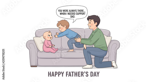 Schilderij op canvas Father's Day Sentiment: A heartwarming illustration captures a father's love and support, as he interacts tenderly with his children on a cozy sofa, celebrating the essence of family