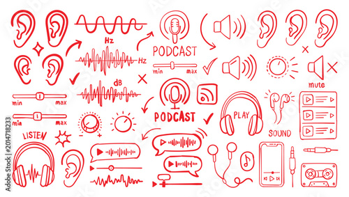 Foto Hand drawn doodle set of podcast, audio, and sound related icons, including head