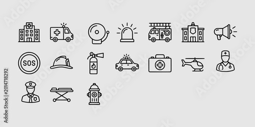 Quadro su tela Icon set collection of emergency and public safety line icons including hospital, ambulance, police car, fire extinguisher, and medical rescue equipment