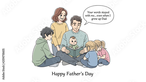 Canvastavla A Father's Love Story: In a heartwarming scene, a father shares a cherished moment of connection and guidance, surrounded by his loving children, as they share the warmth of family bonds