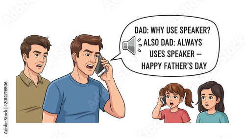 Billede på lærred Father's Day Dialogue: An illustration captures a heartwarming moment as a father interacts with his children over a phone call, filled with playful banter about the use of speakerphone