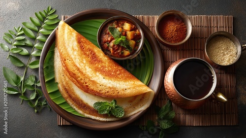 Traditional Indian dosa breakfast plate.