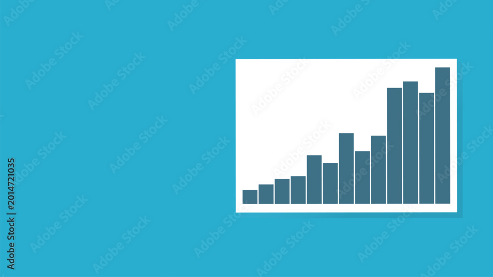 Fototapeta premium This flat illustration shows a business growth bar chart on a sheet of paper with a blue background. Suitable for financial, analytical, statistical, investment, and business presentations.