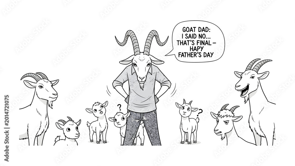 Fototapeta premium Father's Day with a Twist: A whimsical illustration captures a unique Father's Day scene with a goat-headed figure, surrounded by kids and other goats.