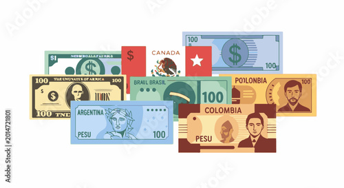 Assortment of colorful international currency bills with national symbols