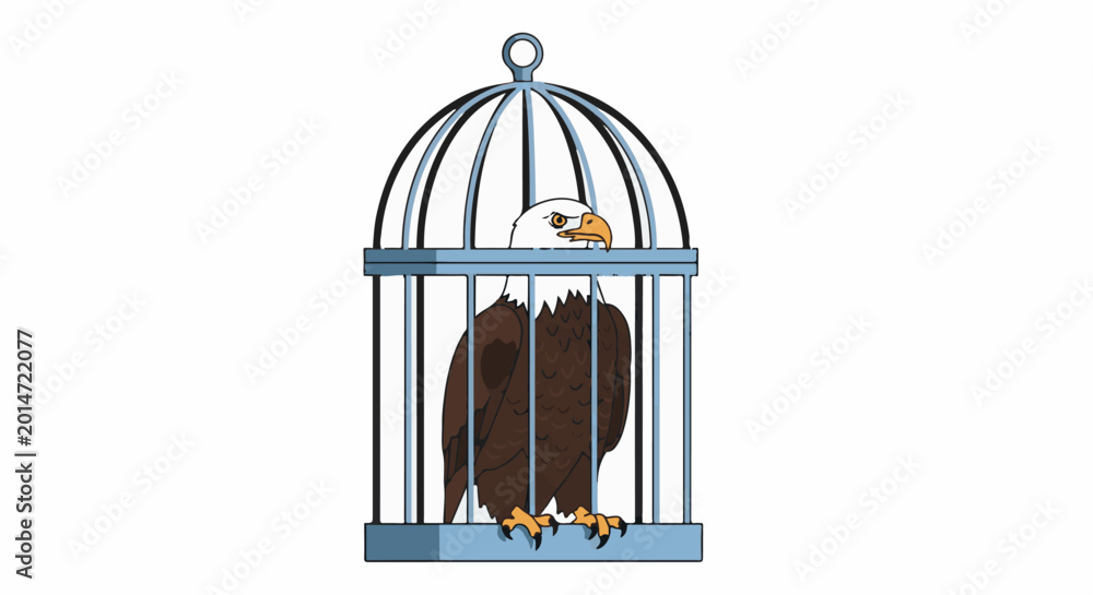 Fototapeta premium An eagle is trapped inside a blue birdcage on a white background