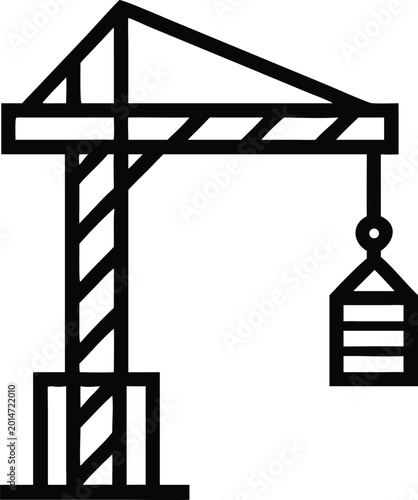 Minimalist black outline icon showing a tall construction tower crane lifting a heavy load