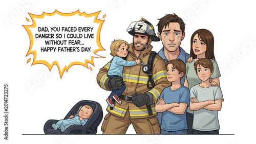 Canvas Print Father's Day Dedication: A digital illustration captures a heartfelt Father's Day scene, featuring a firefighter surrounded by his family