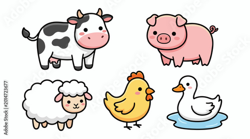 Cute cartoon farm animals set with cow pig sheep chicken and duck