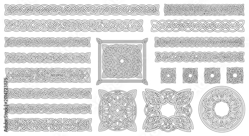 Comprehensive collection of intricate celtic knot designs including borders squares circles and crosses in black line art for graphics.