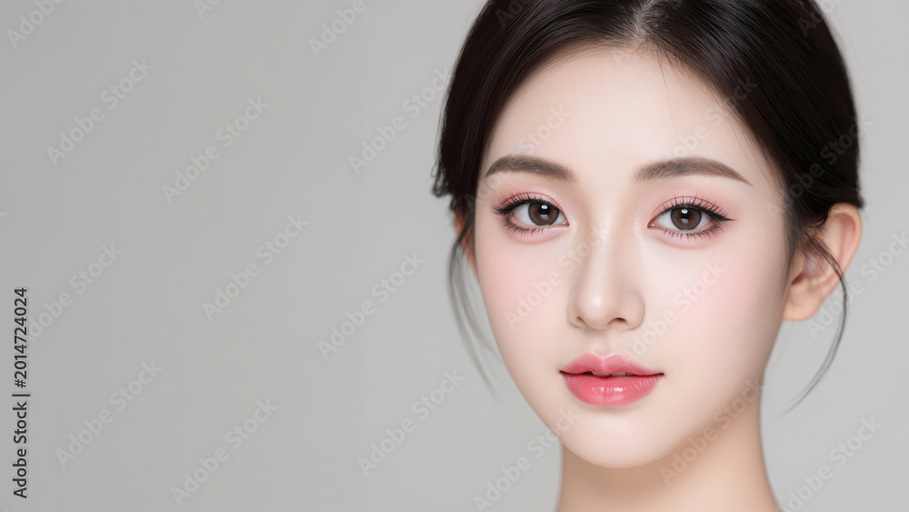 Fototapeta premium Serene Beauty: A portrait of serene beauty, featuring a woman with radiant skin, captivating eyes, and a delicate smile, exuding a sense of peace and tranquility.