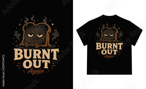 Burnt Out Toast Character with Angry Face and Smoke, Funny Illustration for T-shirt Design