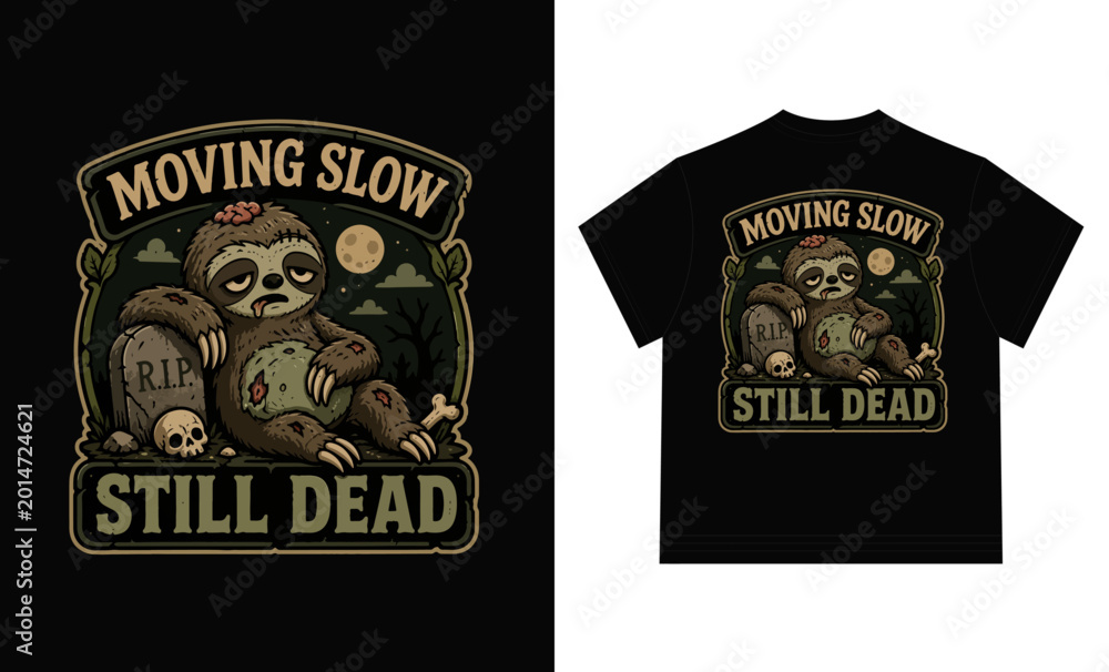 Obraz premium Zombie Sloth Sitting Next to Gravestone with Skull and Crossbones, Moving Slow Still Dead