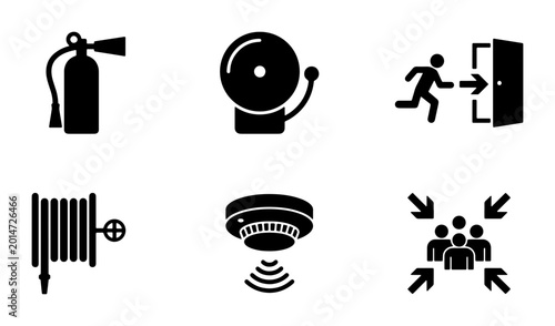 Bild auf Leinwand Fire Safety Icons Set: Extinguisher, Alarm, Exit, Hose, Detector, Assembly Point