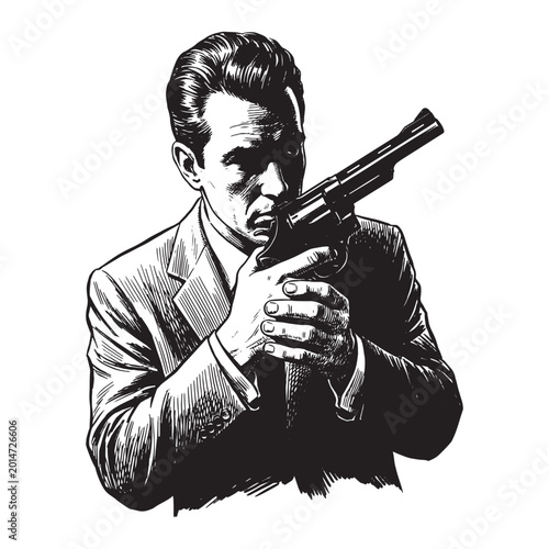 Tableau sur toile Noir Man in Suit Aiming Revolver Handgun, Vintage Hardboiled Pulp Design Style