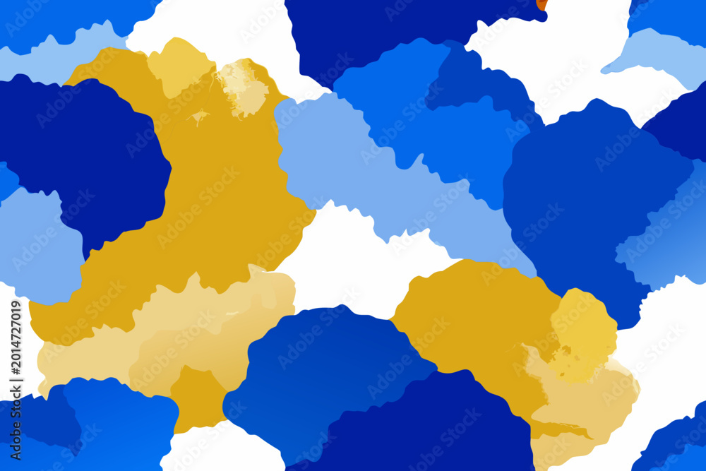 Fototapeta premium Abstract blue, yellow, and white camouflage pattern, colorful geometric shapes, vector background design