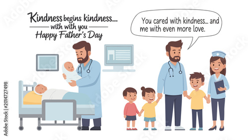 Quadro su tela Father's Day Dedication: A heartfelt illustration showcasing a doctor's compassion and the warmth of family, celebrating the essence of Father's Day with an embrace of tender care and devotion