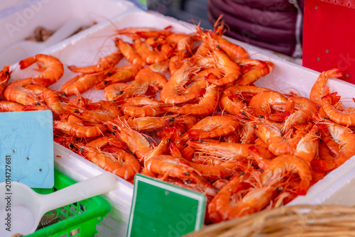 The king prawns on a display in a market