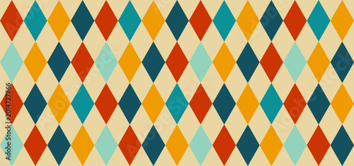 Fotografie Geometric Diamond Grid Pattern with Alternating Teal, Turquoise, Orange, Red, an