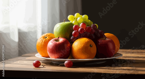 Quadro em tela Still life composition of assorted fresh fruits on wooden table with natural light