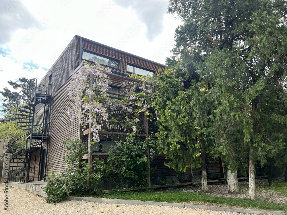 Obraz premium Wooden building with trees and plants during a cloudy day in a quiet area near a park