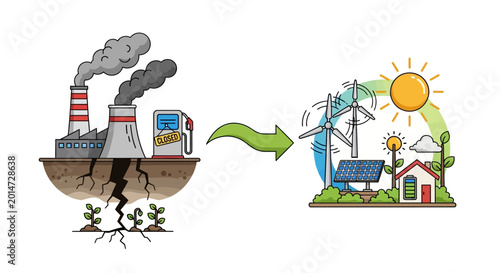 Fotografie Conceptual illustration contrasting pollution from fossil fuel power plants with clean renewable energy sources