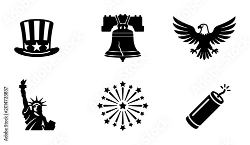 Schilderij op canvas USA Patriotic Icons Set: Uncle Sam Hat, Liberty Bell, Eagle, Statue of Liberty,