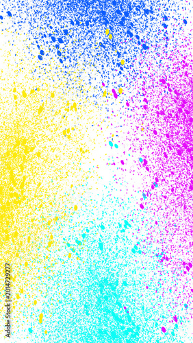 Colorful paint splatters in blue yellow pink and green on white background  vibrant artistic design element
