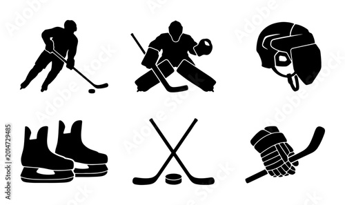Canvas Print Ice Hockey Icons Set, Silhouette Player, Goalie, Helmet, Skates, Puck, Stick, Gl
