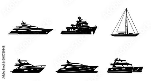 Fotografie Luxury Yacht Silhouettes, Nautical Vessels Collection, Modern Speedboats and Sai