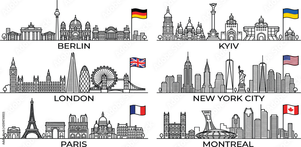 Obraz premium Set of Modern Line Art City Skyline Vectors with National Flags for Berlin Kyiv London New York Paris and Montreal\
