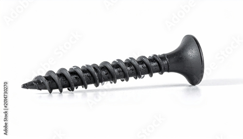 Black drywall screw with deep threads and a countersunk head on white