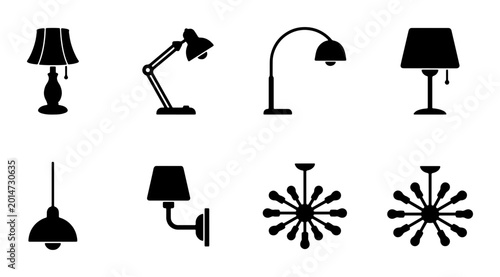 Fotografie Set of 8 Black Silhouette Lighting Icons, Including Table Lamps, Desk Lamps, Flo