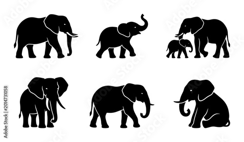 Canvas Print African Elephant Silhouettes, Diverse Poses Vector Set, Wildlife Mammal Icons, S