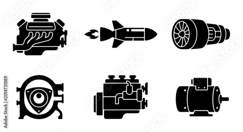 Bild auf Leinwand Set of 6 Industrial Engine and Motor Icons, Vector Graphics for Mechanical Engin