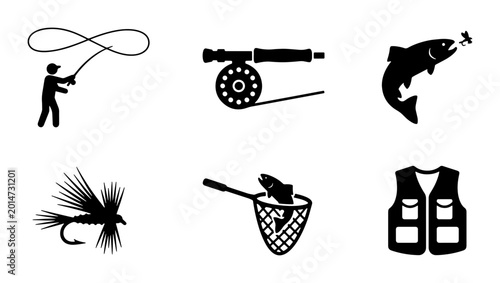 Fotografija Fly Fishing Icons Set, Angler Silhouette, Reel, Jumping Trout, Fishing Fly, Land