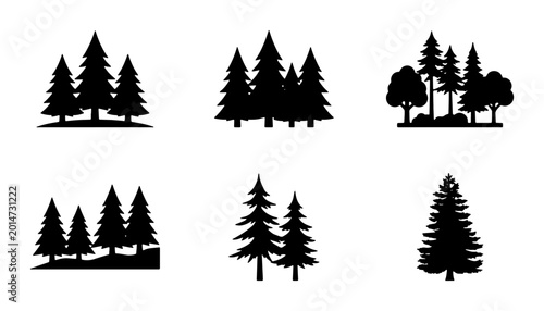 Foto Forest Silhouette Icons, Pine Tree Vector Graphics, Evergreen Woodland Elements,