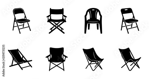 Photos Set of 8 Black Folding Chairs, Portable Seating Icons, Outdoor Furniture Vector