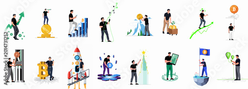 Foto Comprehensive collection of flat vector illustrations depicting a businessman exploring, investing, and succeeding in the Bitcoin cryptocurrency market