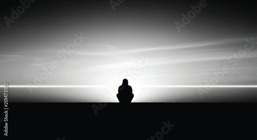 Fotografie A solitary figure in silhouette sits on flat ground, facing glowing horizon with ethereal light streaks under dramatic sky