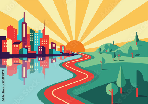 Vibrant city skyline with winding road and sunrise background