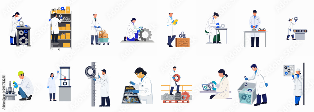 Fototapeta premium Flat illustrations of diverse scientists and engineers working with mechanical gears, performing inspections, measurements, and quality control in a laboratory environment.