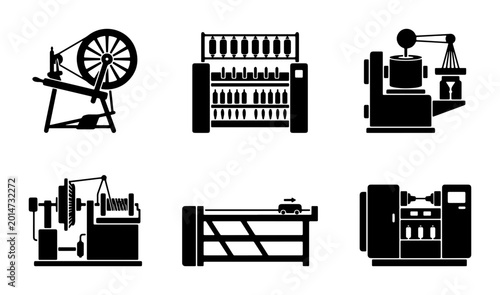 Schilderij op canvas Industrial Machinery Icons: Vintage Spinning Wheel, Textile Looms, Modern Manufa